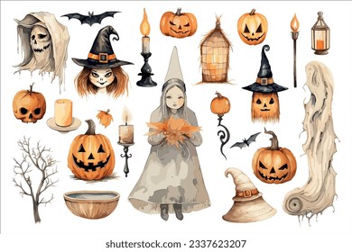 Vintage Halloween illustration with pumpkins, witches, bats and decor elements