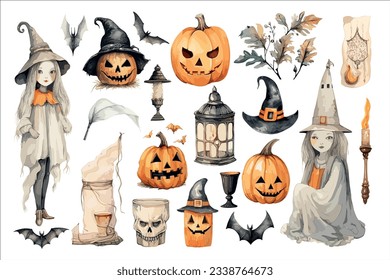 Vintage Halloween illustration with pumpkins, witches, bats and decor elements