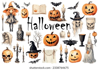 Vintage Halloween illustration with pumpkins, witches, bats and decor elements