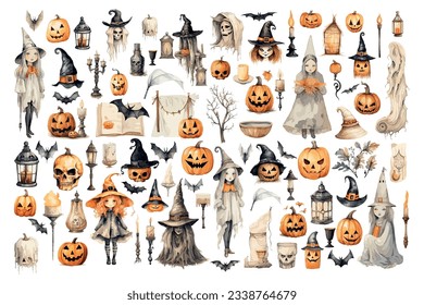 Vintage Halloween-Illustration mit Kürkins, Hexen, Fledermähen und Dekorelementen