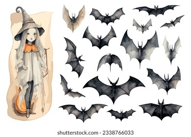 Ilustración vintage de Halloween con bruja y murciélagos