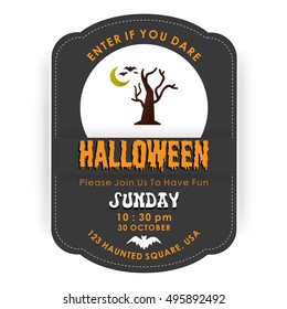 Vintage Halloween invitation card with party tyopography and Night background moon and tree