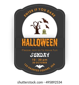 Vintage Halloween invitation card with party tyopography and Bats flying Tree and grave