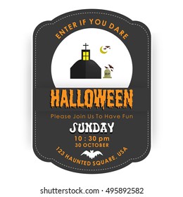 Vintage Halloween invitation card with party tyopography and old grave and bats