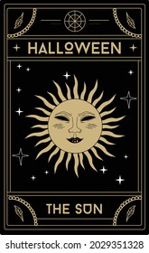 Vintage halloween label with a mystic sun thin line. Retro symbol, mysticism, element of sacred geometry, emblem, logo.Witch and magic symbols, vector illustration