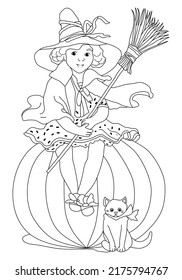 Vintage Halloween Little Witch and Black Cat Coloring Page