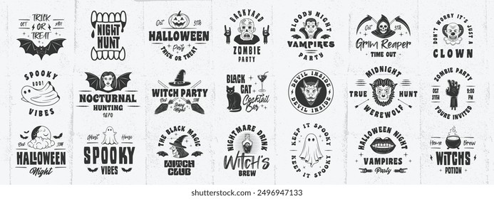 Vintage Halloween logo set. Halloween related emblems set.Halloween signs set for poster, emblem, party invitation designs. Print for t-shirt, tee. Vector illustration