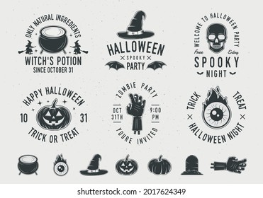 Vintage Halloween logo templates and 7 design elements for Halloween party. Halloween prints for t-shirt, typography. Cauldron, Pumpkin, Witch Hat, Gravestone and Zombie hand icons.Vector illustration