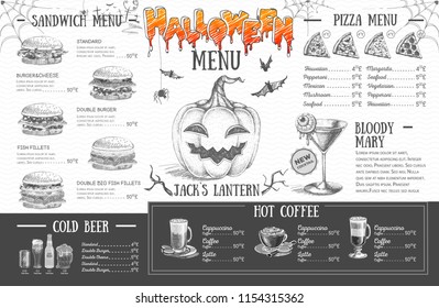 Vintage halloween menu design. Restaurant menu