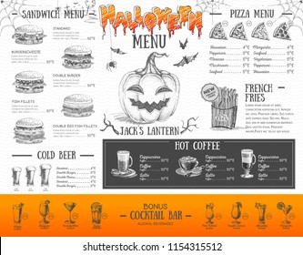 Vintage halloween menu design. Restaurant menu
