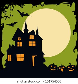 Vintage Halloween moonlight night background with haunted house, dead trees and flying bats, can be use as flyer, banner or poster. 