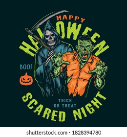 Vintage Halloween night colorful badge with zombie and grim reaper in hood holding scythe isolated vector illustration