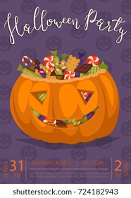 Vintage Halloween party banner with scary pumpkin head jack full of sweet candies, isolated cartoon vector illustration on perpl background. Trick or treat concept. Happy Halloween design template