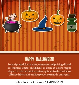 Vintage Halloween party festive template with paper hanging pumpkins witch hat cauldron potion bottle vector illustration