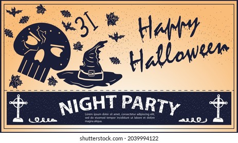 Vintage Halloween Party Invitation, skull and witch hat