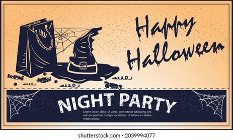 Vintage Halloween Party invitation, witch hat and package