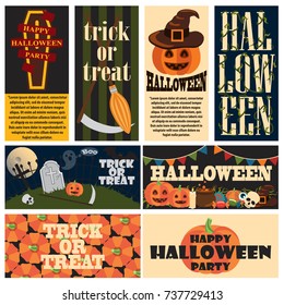 Vintage Halloween party promotional posters collage with scary pumpkins, wooden coffin and creepy night cemetery vector illustration.