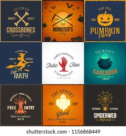 Vintage Halloween Party Vector Cards, Labels or Logos Set. Pumpkin, Ghost, Skull, Bones, Bats and Other Symbols with Retro Typography.