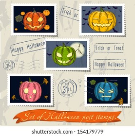 Vintage halloween post stamps set. Vector illustration EPS10