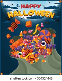 Vintage Halloween poster design with bag of candies