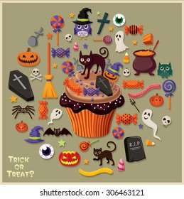 Vintage Halloween poster design with cupcake