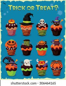 Vintage Halloween-Plakatdesign mit Cupcake-Set