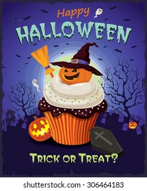 Vintage Halloween poster design with cupcake