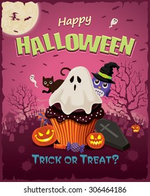 Vintage Halloween poster design with cupcake