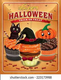Vintage Halloween poster design with cupcakes