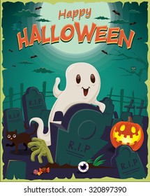 Vintage Halloween poster design with ghost character