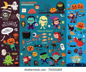 Vintage Halloween poster design with ghost, witch, vampire, mummy, reaper, zombie, pirate character.