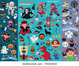 Vintage Halloween poster design with ghost, witch, vampire, mummy, reaper, zombie, pirate character.