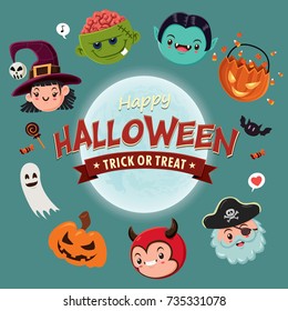 Vintage Halloween poster design with ghost, witch, vampire, mummy, zombie, pirate, character.