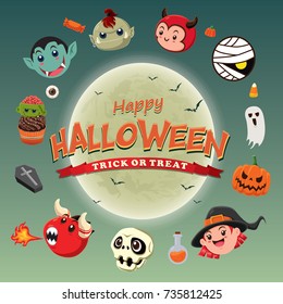 Vintage Halloween poster design with ghost, witch, vampire, mummy, zombie, character.