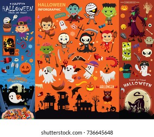 Vintage Halloween poster design with ghost, witch, vampire, mummy, reaper, zombie, pirate character.