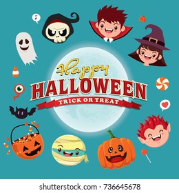 Vintage Halloween poster design with ghost, witch, vampire, mummy, reaper, zombie, pirate character.