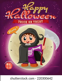 Vintage Halloween poster design with kid in reaper costume