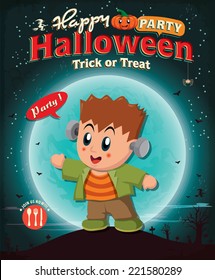 Vintage Halloween poster design with kid in costume