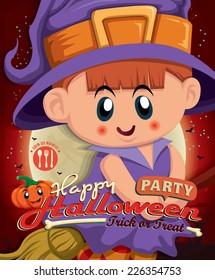 Vintage Halloween poster design with kid in witch costume