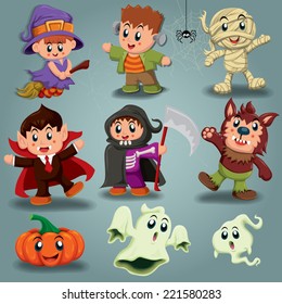 Vintage Halloween Poster Design With Kids In Costume