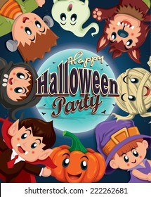 Vintage Halloween poster design with kids in costume