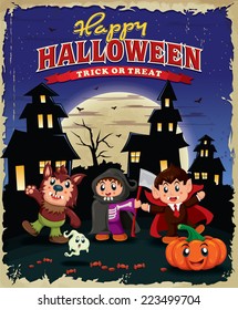 Vintage Halloween poster design with kids in costume