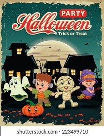 Vintage Halloween Poster Design With Kids In Costume