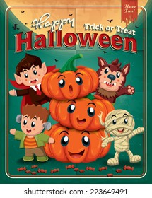 Vintage Halloween poster design with kids in costume 