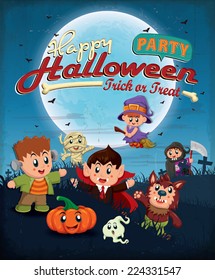 Vintage Halloween poster design with kids in costume