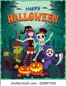 Vintage Halloween poster design with reaper, skeleton, witch