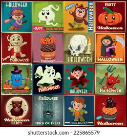 Vintage Halloween Poster Design Set With Kids In Costume 