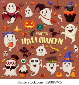 Vintage Halloween poster design set with ghost character