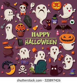 Vintage Halloween poster design set with ghost character