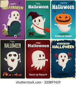Vintage Halloween poster design set with ghost character